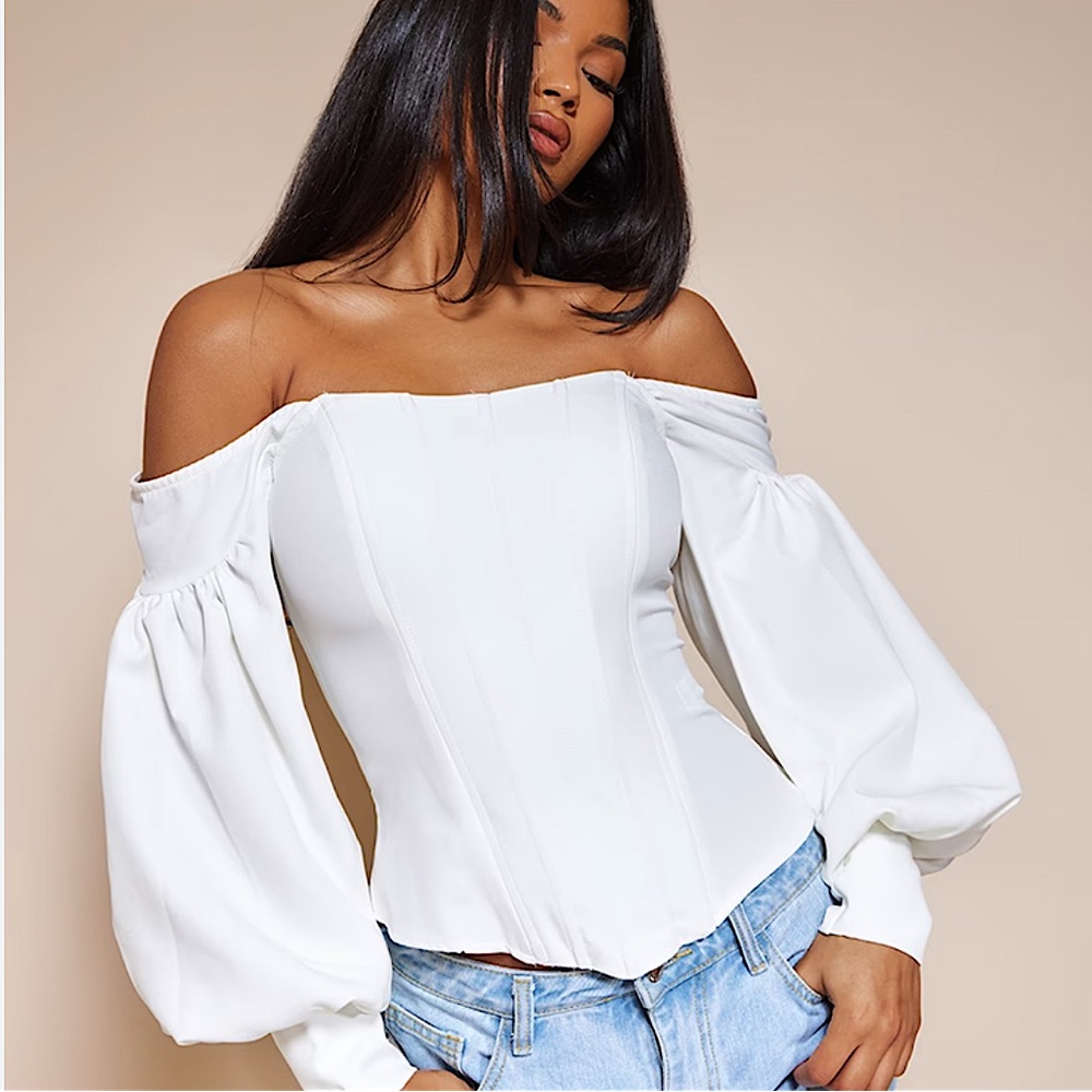 PrettyLittleThing Bardot Balloon Sleeve Corset Top